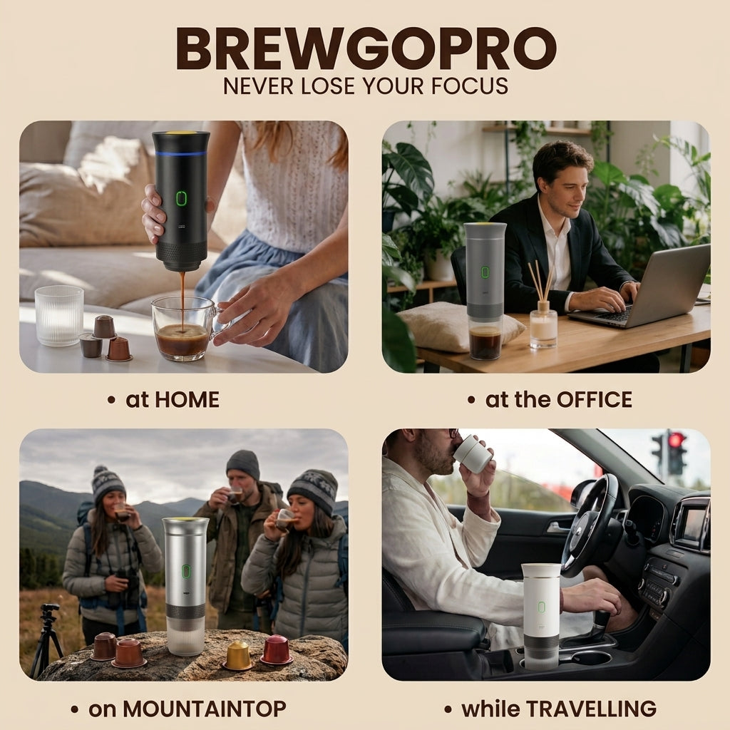BrewGo Pro — Self-Heating Portable Espresso Maker for Travel & Camping